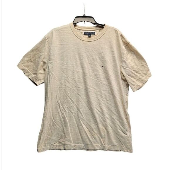 Tommy Hilfiger Men's Striped Crewneck Tee Shirt Size XL Beige White Flag‎ Logo - Picture 1 of 6